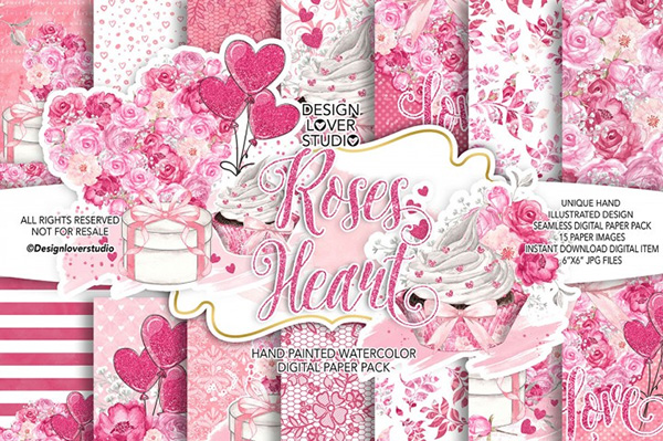 Roses Heart Valentine Digital Paper Pack