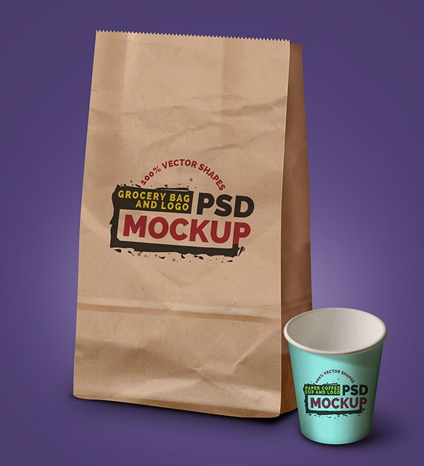Grocery Bag, Coffee Cup & Logo - Free PSD Mock-up Template