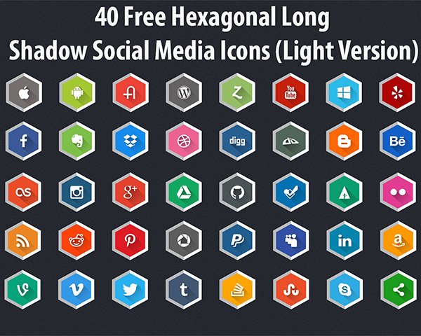 40 Free Hexagonal Long Shadow Social Media Icons (Light Version)