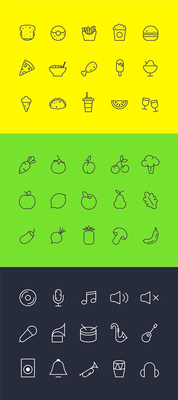 45 Food, Vegetables And Music Line Icons