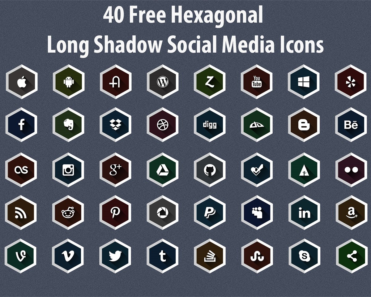 40 Free Hexagonal Long Shadow Social Media Icons