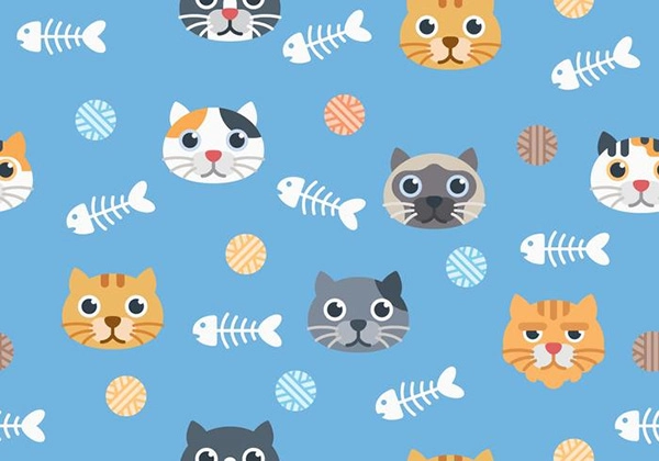 Seamless Cute Cat Pattern On Blue Background